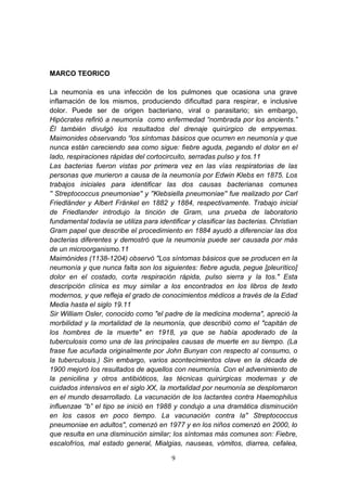 9
MARCO TEORICO
La neumonía es una infección de los pulmones que ocasiona una grave
inflamación de los mismos, produciendo dificultad para respirar, e inclusive
dolor. Puede ser de origen bacteriano, viral o parasitario; sin embargo,
Hipócrates refirió a neumonía como enfermedad “nombrada por los ancients.”
Él también divulgó los resultados del drenaje quirúrgico de empyemas.
Maimonides observando “los síntomas básicos que ocurren en neumonía y que
nunca están careciendo sea como sigue: fiebre aguda, pegando el dolor en el
lado, respiraciones rápidas del cortocircuito, serradas pulso y tos.11
Las bacterias fueron vistas por primera vez en las vías respiratorias de las
personas que murieron a causa de la neumonía por Edwin Klebs en 1875. Los
trabajos iniciales para identificar las dos causas bacterianas comunes
'' Streptococcus pneumoniae'' y ''Klebsiella pneumoniae'' fue realizado por Carl
Friedländer y Albert Fränkel en 1882 y 1884, respectivamente. Trabajo inicial
de Friedlander introdujo la tinción de Gram, una prueba de laboratorio
fundamental todavía se utiliza para identificar y clasificar las bacterias. Christian
Gram papel que describe el procedimiento en 1884 ayudó a diferenciar las dos
bacterias diferentes y demostró que la neumonía puede ser causada por más
de un microorganismo.11
Maimónides (1138-1204) observó "Los síntomas básicos que se producen en la
neumonía y que nunca falta son los siguientes: fiebre aguda, pegue [pleurítico]
dolor en el costado, corta respiración rápida, pulso sierra y la tos." Esta
descripción clínica es muy similar a los encontrados en los libros de texto
modernos, y que refleja el grado de conocimientos médicos a través de la Edad
Media hasta el siglo 19.11
Sir William Osler, conocido como "el padre de la medicina moderna", apreció la
morbilidad y la mortalidad de la neumonía, que describió como el "capitán de
los hombres de la muerte" en 1918, ya que se había apoderado de la
tuberculosis como una de las principales causas de muerte en su tiempo. (La
frase fue acuñada originalmente por John Bunyan con respecto al consumo, o
la tuberculosis.) Sin embargo, varios acontecimientos clave en la década de
1900 mejoró los resultados de aquellos con neumonía. Con el advenimiento de
la penicilina y otros antibióticos, las técnicas quirúrgicas modernas y de
cuidados intensivos en el siglo XX, la mortalidad por neumonía se desplomaron
en el mundo desarrollado. La vacunación de los lactantes contra Haemophilus
influenzae “b” el tipo se inició en 1988 y condujo a una dramática disminución
en los casos en poco tiempo. La vacunación contra la'' Streptococcus
pneumoniae en adultos'', comenzó en 1977 y en los niños comenzó en 2000, lo
que resulta en una disminución similar; los síntomas más comunes son: Fiebre,
escalofríos, mal estado general, Mialgias, nauseas, vómitos, diarrea, cefalea,
 