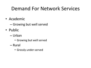 Demand For Network Services Academic Growing but well served Public Urban Growing but well served Rural Grossly under-served 