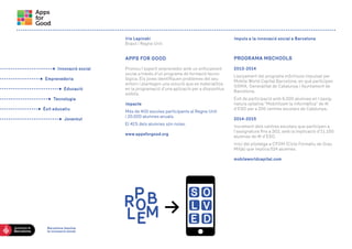 Iris LapinskiBrasil i Regne Unit 
APPS FOR GOOD 
Promou l’esperit emprenedor amb un enfocament social a través d’un programa de formació tecno- 
lògica. Els joves identifiquen problemes del seu entorn i plantegen una solució que es materialitza en la programació d’una aplicació per a dispositius mòbils. 
Impacte 
Més de 400 escoles participants al Regne Unit 
i 20.000 alumnes anuals. 
El 41% dels alumnes són noies. 
www.appsforgood.org 
Barcelona impulsa 
la innovació social 
Impuls a la innovació social a Barcelona 
PROGRAMA MSCHOOLS 
2013-2014 
Llançament del programa mSchools impulsat per Mobile World Capital Barcelona, en què participen GSMA, Generalitat de Catalunya i Ajuntament de Barcelona. 
Èxit de participació amb 6.000 alumnes en l’assignatura optativa “Mobilitzem la informàtica” de 4t d’ESO per a 200 centres escolars de Catalunya. 
2014-2015 
Increment dels centres escolars que participen a l’assignatura fins a 302, amb la implicació d’11.150 alumnes de 4t d’ESO. 
Inici del pilotatge a CFGM (Cicle Formatiu de Grau Mitjà) que implica 524 alumnes. 
mobileworldcapital.com 
Innovació social 
Emprenedoria 
Educació 
Tecnologia 
Èxit educatiu 
Joventut 
 