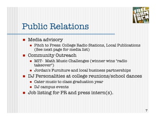 Public Relations
!   Media advisory
    !   Pitch to Press: College Radio Stations, Local Publications
        (See next page for media list)
!   Community Outreach
    !   MIT- Math Music Challenges (winner wins "radio
        takeover")
    !   Jordan's Furniture and local business partnerships
!   DJ Personalities at college reunions/school dances
    !   Cater music to class graduation year
    !   DJ campus events
!   Job listing for PR and press intern(s).


                                                                     7
 