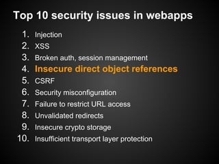 Top 10 security issues in webapps
 1.   Injection
 2.   XSS
 3.   Broken auth, session management
 4.   Insecure direct object references
 5.   CSRF
 6.   Security misconfiguration
 7.   Failure to restrict URL access
 8.   Unvalidated redirects
 9.   Insecure crypto storage
10.   Insufficient transport layer protection
 