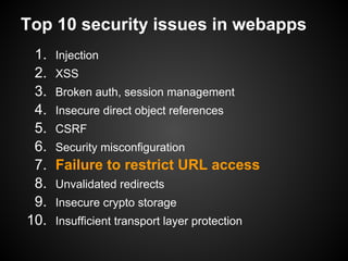 Top 10 security issues in webapps
 1.   Injection
 2.   XSS
 3.   Broken auth, session management
 4.   Insecure direct object references
 5.   CSRF
 6.   Security misconfiguration
 7.   Failure to restrict URL access
 8.   Unvalidated redirects
 9.   Insecure crypto storage
10.   Insufficient transport layer protection
 