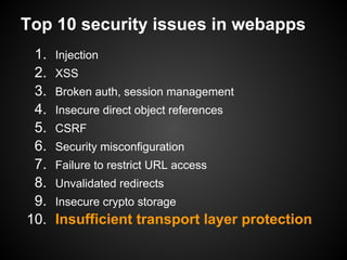 Top 10 security issues in webapps
 1.   Injection
 2.   XSS
 3.   Broken auth, session management
 4.   Insecure direct object references
 5.   CSRF
 6.   Security misconfiguration
 7.   Failure to restrict URL access
 8.   Unvalidated redirects
 9.   Insecure crypto storage
10.   Insufficient transport layer protection
 