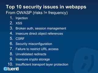 Top 10 security issues in webapps
From OWASP (risks != frequency)
  1. Injection
  2. XSS
  3. Broken auth, session management
  4. Insecure direct object references
  5. CSRF
  6. Security misconfiguration
  7. Failure to restrict URL access
  8. Unvalidated redirects
  9. Insecure crypto storage
 10. Insufficient transport layer protection
 