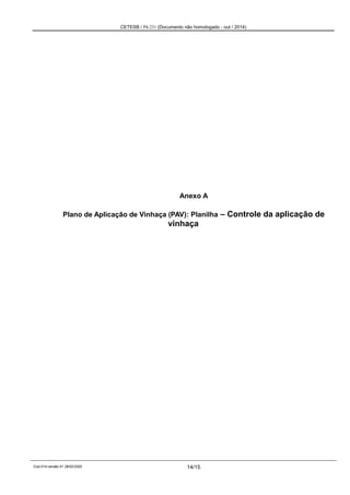 CETESB / P4.231 (Documento não homologado - out / 2014)
Cod.014-versão 01 28/02/2002 14/15
Anexo A
Plano de Aplicação de Vinhaça (PAV): Planilha – Controle da aplicação de
vinhaça
 