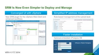 CONFIDENTIAL 25
SRM Is Now Even Simpler to Deploy and Manage
Converged UI with vSphere Simplified IP address management
Faster installation
New SRM plugin for the vSphere Web Client and
enhanced workflows
Rule-based management at the subnet level
Optional embedded vPostgres DB
 