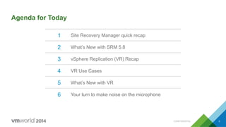 CONFIDENTIAL 3
Agenda for Today
1 Site Recovery Manager quick recap
2 What’s New with SRM 5.8
3 vSphere Replication (VR) Recap
4 VR Use Cases
5 What’s New with VR
6 Your turn to make noise on the microphone
 