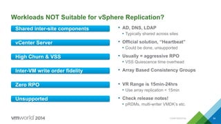 CONFIDENTIAL 54
Workloads NOT Suitable for vSphere Replication?
Shared inter-site components
vCenter Server
High Churn & VSS
Inter-VM write order fidelity
Zero RPO
Unsupported
•  AD, DNS, LDAP
•  Typically shared across sites
•  Official solution, “Heartbeat”
•  Could be done, unsupported
•  Usually = aggressive RPO
•  VSS Quiescence time overhead
•  Array Based Consistency Groups
•  VR Range is 15min-24hrs
•  Use array replication < 15min
•  Check release notes!
•  pRDMs, multi-writer VMDK’s etc.
 