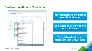 CONFIDENTIAL 66
Configuring vSphere Replication
VR replication is configured
per VM in vCenter
Selectable RPO from 15 min
up to 24 hours
Selectable destination
datastore (per virtual disk)
 