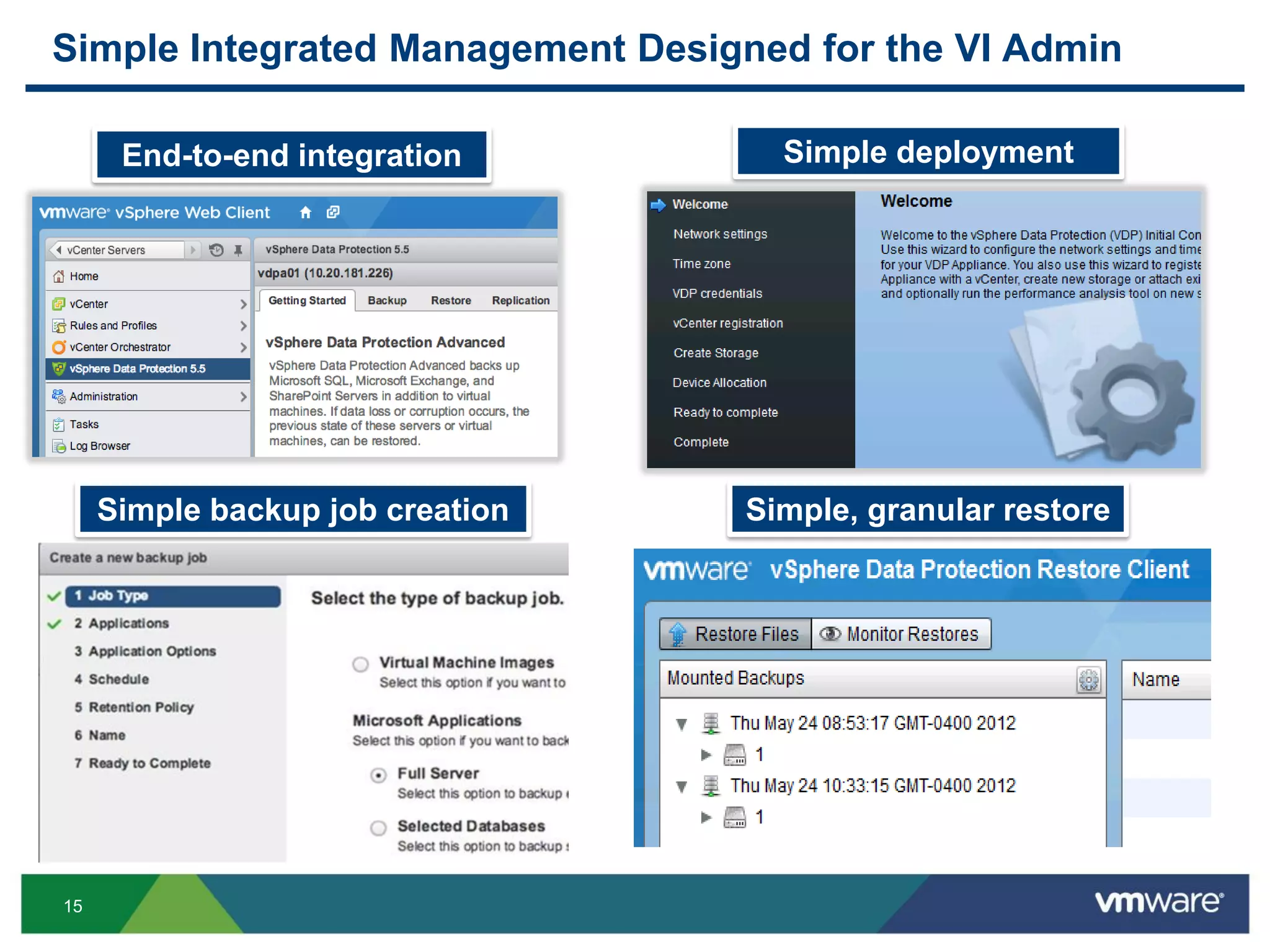 15
Simple Integrated Management Designed for the VI Admin
Simple backup job creation Simple, granular restore
End-to-end integration Simple deployment
vSphere Web Client integration
Backup job creation
Restore execution
Monitoring and reporting
Linux-based virtual appliance
~30 min to install and configure
Automatic VM discovery
Wizard-driven process
Specified schedules and
retentions
One-step recovery
End-user file-level restore
Image, databases, vmdk
 
