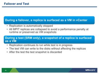 40
Failover and Test
During a failover, a replica is surfaced as a VM in vCenter
• Replication is automatically stopped
• All MPIT replicas are collapsed to avoid a performance penalty at
runtime or preserved as VM snapshots
During a test (SRM only), a snapshot of a replica is surfaced
as a VM
• Replication continues to run while test is in progress
• The test VM can write to the disks without affecting the replicas
• After the test the test snapshot is discarded
 