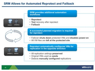 42
SRM Allows for Automated Reprotect and Failback
• Reprotect
• Test recovery after reprotect
• Failback
SRM provides additional automation
workflows
• Failover shuts down protected VMs and disables power-on
• All VM files are left at the protected site
A successful planned migration is required
for reprotect
• All replication settings preserved
• Original VMs used as seeds
• Detects manually configured replications
Reprotect automatically configures VMs for
replication in the opposite direction
V
M
D
K1
V
M
D
K2
(VMDK1)
VMDK1 (VMDK2)
VMDK2
 