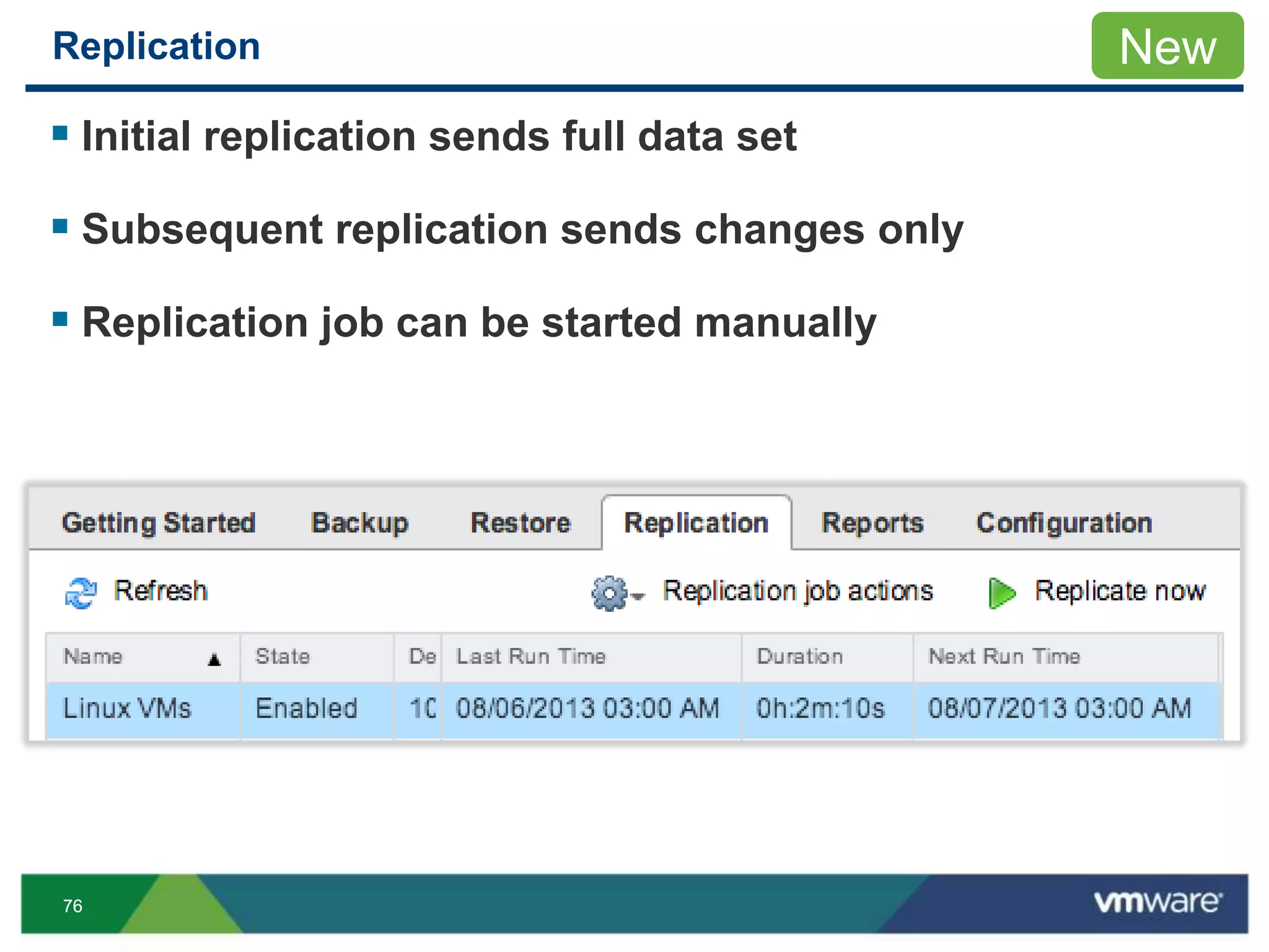 7676
Replication
 Initial replication sends full data set
 Subsequent replication sends changes only
 Replication job can be started manually
New
 