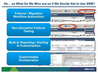 24
Ok… so What Do We Miss out on if We Decide Not to Use SRM?
Failover / Migration
Workflow Automation
Non-disruptive Failover
Testing
Customizable
Orchestration
Built-in Reporting / Alerting
& Customization
 