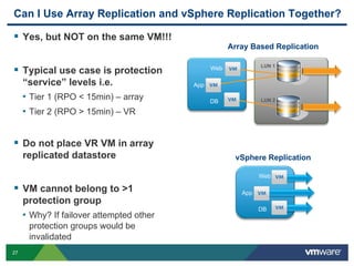 27
Can I Use Array Replication and vSphere Replication Together?
 Yes, but NOT on the same VM!!!
 Typical use case is protection
“service” levels i.e.
• Tier 1 (RPO < 15min) – array
• Tier 2 (RPO > 15min) – VR
 Do not place VR VM in array
replicated datastore
 VM cannot belong to >1
protection group
• Why? If failover attempted other
protection groups would be
invalidated
Hub
LUN 2
Web
DB
App
vSphere Replication
LUN 1
Web
DB
App
Array Based Replication
 