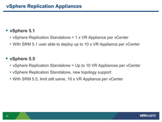 33
vSphere Replication Appliances
 vSphere 5.1
• vSphere Replication Standalone = 1 x VR Appliance per vCenter
• With SRM 5.1 user able to deploy up to 10 x VR Appliance per vCenter
 vSphere 5.5
• vSphere Replication Standalone = Up to 10 VR Appliances per vCenter
• vSphere Replication Standalone, new topology support
• With SRM 5.5, limit still same, 10 x VR Appliance per vCenter
 