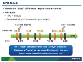 38
MPIT Details
 Retention “slots” differ from “replication instances”
 Example:
• RPO = 4 Hours
• Retention Policy = 3 instances for past 1 day(s)
time
0:00 8:00 16:00 0:00
slots
instances 23:57 3:44 12:38 16:34 20:28
instance expires latest instance
Most recent complete instance is *always* preserved.
Most recent *might* be the second instance in the slot.
(Ensures you can always failover to the most recent copy)
 