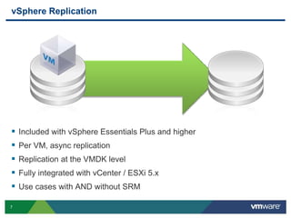 7
vSphere Replication
 Included with vSphere Essentials Plus and higher
 Per VM, async replication
 Replication at the VMDK level
 Fully integrated with vCenter / ESXi 5.x
 Use cases with AND without SRM
 