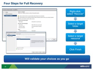 23
Four Steps for Full Recovery
Right-click,
select “Recover”
Select a target
folder
Select a target
resource
Click Finish
Will validate your choices as you go
 