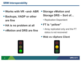 32
SRM Interoperability
 Works with VR –and- ABR
 Backups, VADP or other
are fine
 HA is no problem at all
 vMotion and DRS are fine
 Storage vMotion and
Storage DRS – Sort of…
• Replication Dependent
 FT is “yellow”
• Array replicated only and the FT
status is not recovered
 Web vs vSphere Client
 