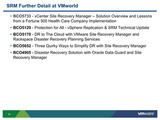 34
SRM Further Detail at VMworld
• BCO5733 - vCenter Site Recovery Manager – Solution Overview and Lessons
from a Fortune 500 Health Care Company Implementation
• BCO5129 - Protection for All - vSphere Replication & SRM Technical Update
• BCO5170 - DR to The Cloud with VMware Site Recovery Manager and
Rackspace Disaster Recovery Planning Services
• BCO5652 - Three Quirky Ways to Simplify DR with Site Recovery Manager
• BCO4905 - Disaster Recovery Solution with Oracle Data Guard and Site
Recovery Manager
 