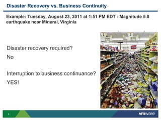 5
Disaster Recovery vs. Business Continuity
Example: Tuesday, August 23, 2011 at 1:51 PM EDT - Magnitude 5.8
earthquake near Mineral, Virginia
Disaster recovery required?
No
Interruption to business continuance?
YES!
 