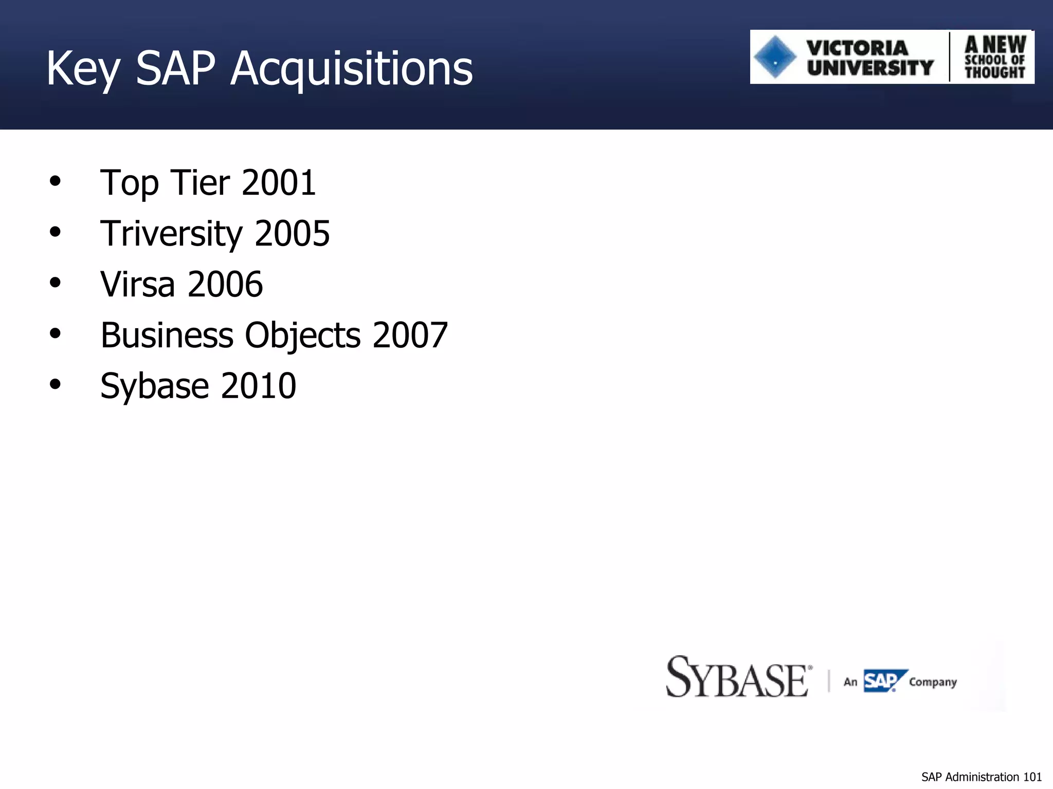 Key SAP Acquisitions Top Tier 2001 Triversity 2005 Virsa 2006 Business Objects 2007 Sybase 2010 