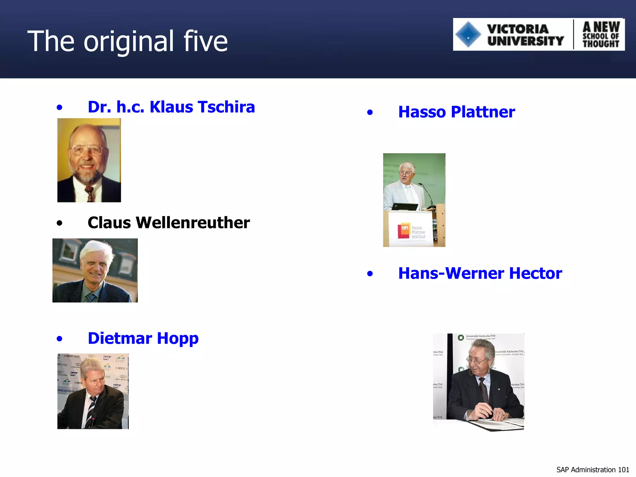 Dr.  h.c . Klaus  Tschira Claus Wellenreuther Dietmar   Hopp The original five Hasso   Plattner Hans-Werner Hector 