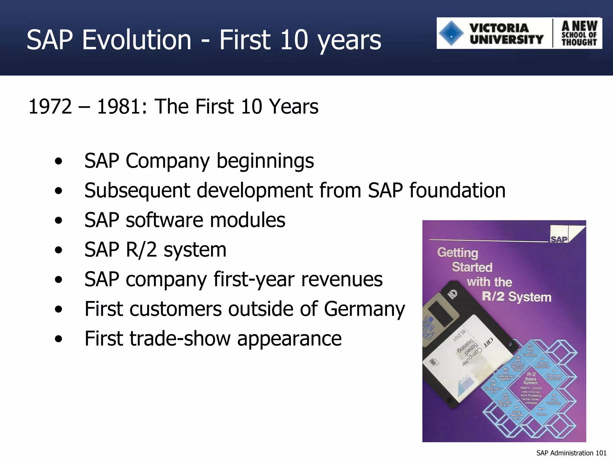 1972 – 1981: The First 10 Years  SAP Company beginnings Subsequent development from SAP foundation SAP software modules SAP R/2 system SAP company first-year revenues First customers outside of Germany First trade-show appearance SAP Evolution - First 10 years 