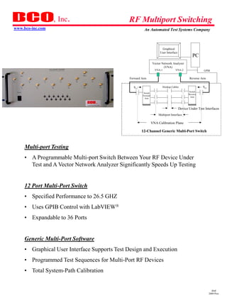 , Inc.                      RF Multiport Switching
www.bco-inc.com                                        An Automated Test Systems Company



                                                                       Graphical
                                                                      User Interface
                                                                                                 PC
                                                                Vector Network Analyzer
                                                                        (VNA)
                                                                  VNA-1             VNA-2               GPIB

                                              Forward Arm                                     Reverse Arm

                                                S11                       Hookup Cables                 S22
                                                                                              Switch
                                                       Switch
                                                                                              Reverse
                                                      Forward
                                                                                               Arm
                                                        Arm



                                                                                       Device Under Test Interfaces
                                                                     Multiport Interface

                                                                VNA Calibration Plane

                                                      12-Channel Generic Multi-Port Switch



     Multi-port Testing
     • A Programmable Multi-port Switch Between Your RF Device Under
       Test and A Vector Network Analyzer Significantly Speeds Up Testing


     12 Port Multi-Port Switch
     • Specified Performance to 26.5 GHZ
     • Uses GPIB Control with LabVIEW
     • Expandable to 36 Ports


     Generic Multi-Port Software
     • Graphical User Interface Supports Test Design and Execution
     • Programmed Test Sequences for Multi-Port RF Devices
     • Total System-Path Calibration


                                                                                                                dmd
                                                                                                              2009 Pres
 