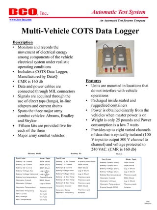 , Inc.                     Automatic Test System
www.bco-inc.com                                   An Automated Test Systems Company



        Multi-Vehicle COTS Data Logger
  Description
  • Monitors and records the
    movement of electrical energy
    among components of the vehicle
    electrical system under realistic
    operating conditions
  • Includes a COTS Data Logger,
    Manufactured by DataQ
  • CMR is 160 db                         Features
  • Data and power cables are             • Units are mounted in locations that
    connected through MIL connectors         do not interfere with vehicle
  • Signals are acquired through the         operations
    use of direct taps (lungs), in-line   • Packaged inside sealed and
    adapters and current shunts              ruggedized containers
  • Spans the three major army            • Power is obtained directly from the
    combat vehicles: Abrams, Bradley         vehicles when master power is on
    and Stryker                           • Weight is only 25 pounds and Power
   Fifteen kits are provided five for       consumption is a low 7 watts
    each of the three                     • Provides up to eight varied channels
  • Major army combat vehicles               of data that is optically isolated (100
                                             V input to output 500 V channel to
                                             channel) and voltage protected to
                                             240 VAC. (CMR is 160 db)




                                                                                    dmd
                                                                                  2009 Pres
 