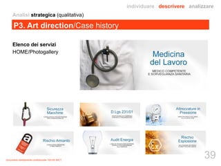 Analisi strategica (qualitativa) 
P3. Art direction/Case history 
Elenco dei servizi 
HOME/Photogallery 
Documento strettamente confidenziale 100100 IMCT 
individuare descrivere analizzare 
39 
 