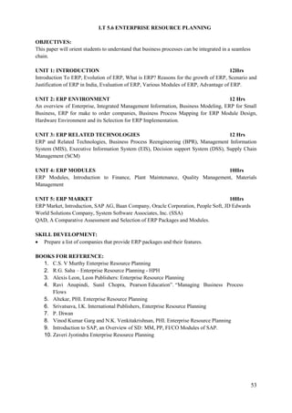 53
I.T 5.6 ENTERPRISE RESOURCE PLANNING
OBJECTIVES:
This paper will orient students to understand that business processes can be integrated in a seamless
chain.
UNIT 1: INTRODUCTION 12Hrs
Introduction To ERP, Evolution of ERP, What is ERP? Reasons for the growth of ERP, Scenario and
Justification of ERP in India, Evaluation of ERP, Various Modules of ERP, Advantage of ERP.
UNIT 2: ERP ENVIRONMENT 12 Hrs
An overview of Enterprise, Integrated Management Information, Business Modeling, ERP for Small
Business, ERP for make to order companies, Business Process Mapping for ERP Module Design,
Hardware Environment and its Selection for ERP Implementation.
UNIT 3: ERP RELATED TECHNOLOGIES 12 Hrs
ERP and Related Technologies, Business Process Reengineering (BPR), Management Information
System (MIS), Executive Information System (EIS), Decision support System (DSS), Supply Chain
Management (SCM)
UNIT 4: ERP MODULES 10Hrs
ERP Modules, Introduction to Finance, Plant Maintenance, Quality Management, Materials
Management
UNIT 5: ERP MARKET 10Hrs
ERP Market, Introduction, SAP AG, Baan Company, Oracle Corporation, People Soft, JD Edwards
World Solutions Company, System Software Associates, Inc. (SSA)
QAD, A Comparative Assessment and Selection of ERP Packages and Modules.
SKILL DEVELOPMENT:
 Prepare a list of companies that provide ERP packages and their features.
BOOKS FOR REFERENCE:
1. C.S. V Murthy Enterprise Resource Planning
2. R.G. Saha – Enterprise Resource Planning - HPH
3. Alexis Leon, Leon Publishers: Enterprise Resource Planning
4. Ravi Anupindi, Sunil Chopra, Pearson Education”. “Managing Business Process
Flows
5. Altekar, PHI. Enterprise Resource Planning
6. Srivatsava, I.K. International Publishers, Enterprise Resource Planning
7. P. Diwan
8. Vinod Kumar Garg and N.K. Venkitakrishnan, PHI. Enterprise Resource Planning
9. Introduction to SAP, an Overview of SD: MM, PP, FI/CO Modules of SAP.
10. Zaveri Jyotindra Enterprise Resource Planning
 