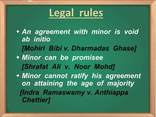 Legal rules
 An agreement with minor is void
ab initio
[Mohiri Bibi v. Dharmadas Ghase]
 Minor can be promisee
[Shrafat Ali v. Noor Mohd]
 Minor cannot ratify his agreement
on attaining the age of majority
[Indra Ramaswamy v. Anthiappa
Chettier]
 