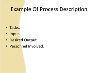Example Of Process Description
• Tasks.
• Input.
• Desired Output.
• Personnel Involved.
 