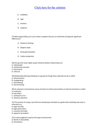 Click here for the solution

        A. credibility

        B. logic

        C. emotion

        D. evidence



27) What logical fallacy can occur when a speaker focuses on similarities and ignores significant
differences?

        A. Either/or thinking

        B. Slippery slope

        C. Hasty generalization

        D. Faulty comparison


28) Groups that value higher power distance believe relationships are
A. individualist
B. relationship oriented
C. hierarchical
D. informal

29) Deliberately blaming individuals or groups for things they really did not do is called
A. ethnocentrism
B. scapegoating
C. stereotyping
D. discriminating

30) An attempt to characterize causes of events to either personalities or external situations is called
A. projection
B. halo effect
C. attribution error
D. selective attention

31) The practice of using a case that has already been decided as a guide when deciding new cases is
referred to as
A. legal morality
B. legal paternalism
C. causation principle
D. appeal to precedent

32) A value judgment requires this type of assessment.
A. Worth or desirability
B. Consistency
 