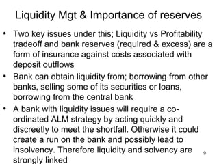 Liquidity Mgt & Importance of reserves
• Two key issues under this; Liquidity vs Profitability
tradeoff and bank reserves (required & excess) are a
form of insurance against costs associated with
deposit outflows
• Bank can obtain liquidity from; borrowing from other
banks, selling some of its securities or loans,
borrowing from the central bank
• A bank with liquidity issues will require a co-
ordinated ALM strategy by acting quickly and
discreetly to meet the shortfall. Otherwise it could
create a run on the bank and possibly lead to
insolvency. Therefore liquidity and solvency are
strongly linked
9
 