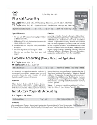 B.Com., BBM, BBA & BBS
052018
Financial Accounting
R.L. Gupta, M. Com., Grad. C.W.A., Shri Ram College of Commerce, University of Delhi, Delhi-110007
V.K. Gupta, M. Com., Ph.D., A.C.S., Reader in Commerce, Hans Raj College, University of Delhi, Delhi-110007
Eighth Revised Edition Reprint 22 × 14 cm. Pp. xvi + 872 ISBN 978- 81-8054-732-4 (TC-31) ````` 400.00
Special Features
• The book is for B.A. Corporate Secretaryship and B.Com
of all Indian Universities.
• All illustrations (496) in the chapters have been given with
suitable detailed notes on them.
• Unsolved exercises (530) have been provided with
proper hints.
• Answers to all problems have been given in detail.
• Objective type questions have been given in all
chapters.
Contents
Accounting : Introduction • Accounting Concepts and Conventions •
Basic Accounting Process (Five Units) • Capital and Revenue Items
and Final Accounts • Rectification of Errors • Bank Reconciliation
Statement • Depreciation Accounting • Provisions and Reserves •
BranchAccounts • DepartmentalAccounting • Single Entry System •
Receipts & Payments Accounts & Income & Expenditure Account •
Fire Insurance Claims • Hire-PurchaseAccounts • Instalment-Purchase
Accounts • PartnershipAccount • Introduction •Admission • Retirement
or Death of a Partner • Dissolution • Piecemeal Distribution •
Amalgamation and Sale of Firms • Vol-II : Text • (SCANNER).
Corporate Accounting (Theory, Method and Application)
R.L. Gupta, M. Com., Grad. C.W.A.
M. Radhaswamy, M. Com., Grad. C.W.A.
13th Edition, Reprint 22 × 14 cm. Pp. xx + 620 ISBN 978-81-8054-846-8 (TC-1048) ````` 300.00
It is because of its growing importance that this branch of
accounting is covered by a separate paper in several
universities. Hence, the book. It contains 269 solved
illustrations and 298 exercises with answers.
Contents
Share Capital • Redeemable Preference Shares •
Debentures-Issue and Redemption •Acquisition of Business,
Profit Prior to Incorporation and Statutory Report • Company
Financial Statements • Corporate Financial Reporting • Alteration of
Share Capital and Internal Reconstruction • Valuation of Goodwill
and Shares • Amalgamation, Absorption External Reconstruction •
Consolidated Financial Statements • Bank Accounts • Insurance
Company Accounts • Accounting Standards • Inflation Accounting •
Human Resource Accounting • Double Account System • Company
Accounts-Liquidation.
Volume – II : Assignment material-cum-solutions of Past Exam.
Probs. Cum-University Exam. Question Papers (Pp. 300).
Introductory Corporate Accounting
R.L. Gupta & V.K. Gupta
5th Revised Edition Pp. xii + 440 ISBN 978-93-5161-030-4 (TC-1129) ````` 325.00
Contents
CompanyAccounts • Company FinalAccounts •Amalgamation,Absorption, Internal & External Reconstruction • Cash Flow Statement
• Financial Statements Analysis • Ratio Analysis. Delhi University Previous Years Examination Question Papers.
9
 