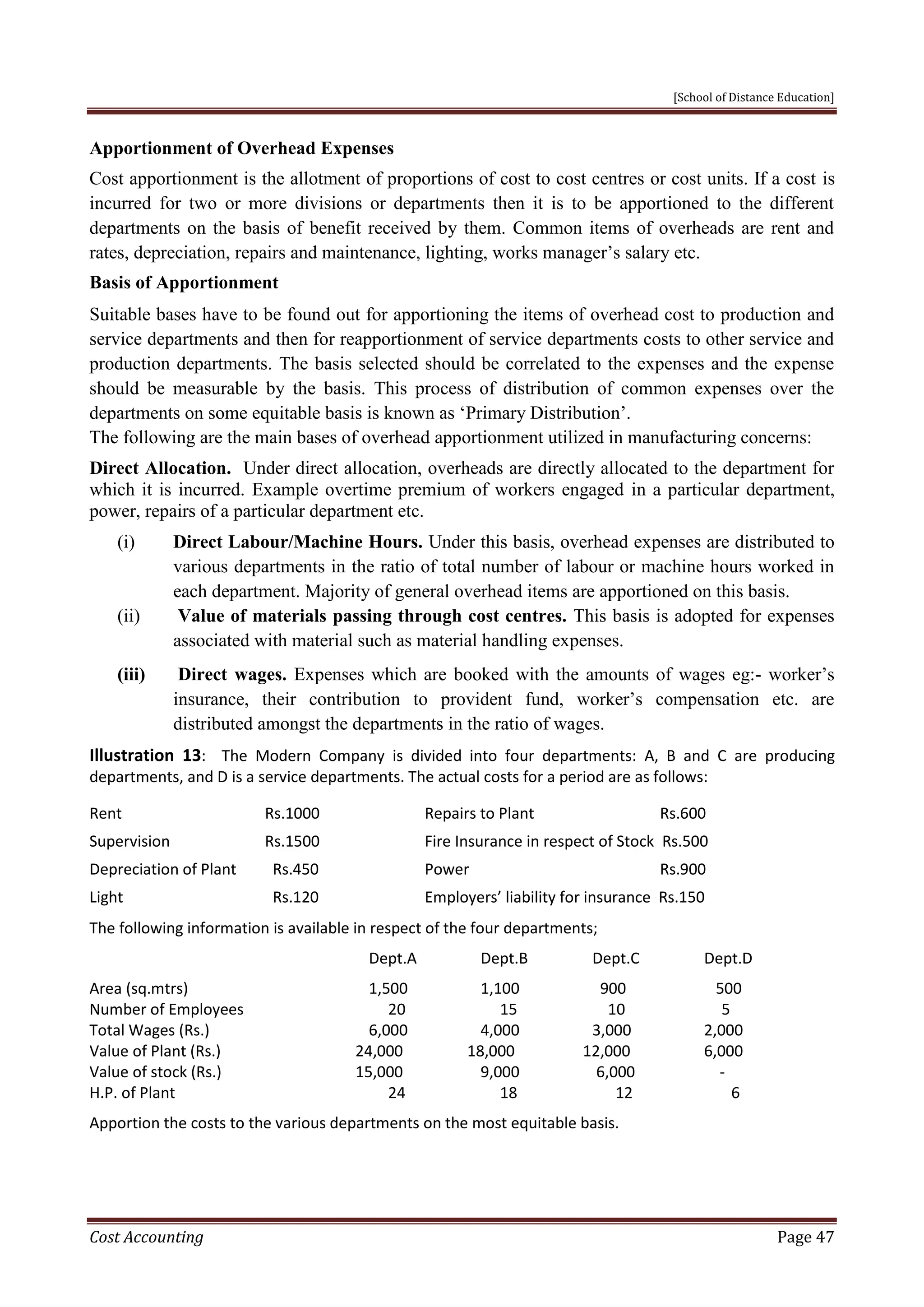 [School of Distance Education]
Cost Accounting Page 47
Apportionment of Overhead Expenses
Cost apportionment is the allotment of proportions of cost to cost centres or cost units. If a cost is
incurred for two or more divisions or departments then it is to be apportioned to the different
departments on the basis of benefit received by them. Common items of overheads are rent and
rates, depreciation, repairs and maintenance, lighting, works manager’s salary etc.
Basis of Apportionment
Suitable bases have to be found out for apportioning the items of overhead cost to production and
service departments and then for reapportionment of service departments costs to other service and
production departments. The basis selected should be correlated to the expenses and the expense
should be measurable by the basis. This process of distribution of common expenses over the
departments on some equitable basis is known as ‘Primary Distribution’.
The following are the main bases of overhead apportionment utilized in manufacturing concerns:
Direct Allocation. Under direct allocation, overheads are directly allocated to the department for
which it is incurred. Example overtime premium of workers engaged in a particular department,
power, repairs of a particular department etc.
(i) Direct Labour/Machine Hours. Under this basis, overhead expenses are distributed to
various departments in the ratio of total number of labour or machine hours worked in
each department. Majority of general overhead items are apportioned on this basis.
(ii) Value of materials passing through cost centres. This basis is adopted for expenses
associated with material such as material handling expenses.
(iii) Direct wages. Expenses which are booked with the amounts of wages eg:- worker’s
insurance, their contribution to provident fund, worker’s compensation etc. are
distributed amongst the departments in the ratio of wages.
Illustration 13: The Modern Company is divided into four departments: A, B and C are producing
departments, and D is a service departments. The actual costs for a period are as follows:
Rent Rs.1000 Repairs to Plant Rs.600
Supervision Rs.1500 Fire Insurance in respect of Stock Rs.500
Depreciation of Plant Rs.450 Power Rs.900
Light Rs.120 Employers’ liability for insurance Rs.150
The following information is available in respect of the four departments;
Dept.A Dept.B Dept.C Dept.D
Area (sq.mtrs) 1,500 1,100 900 500
Number of Employees 20 15 10 5
Total Wages (Rs.) 6,000 4,000 3,000 2,000
Value of Plant (Rs.) 24,000 18,000 12,000 6,000
Value of stock (Rs.) 15,000 9,000 6,000 -
H.P. of Plant 24 18 12 6
Apportion the costs to the various departments on the most equitable basis.
 