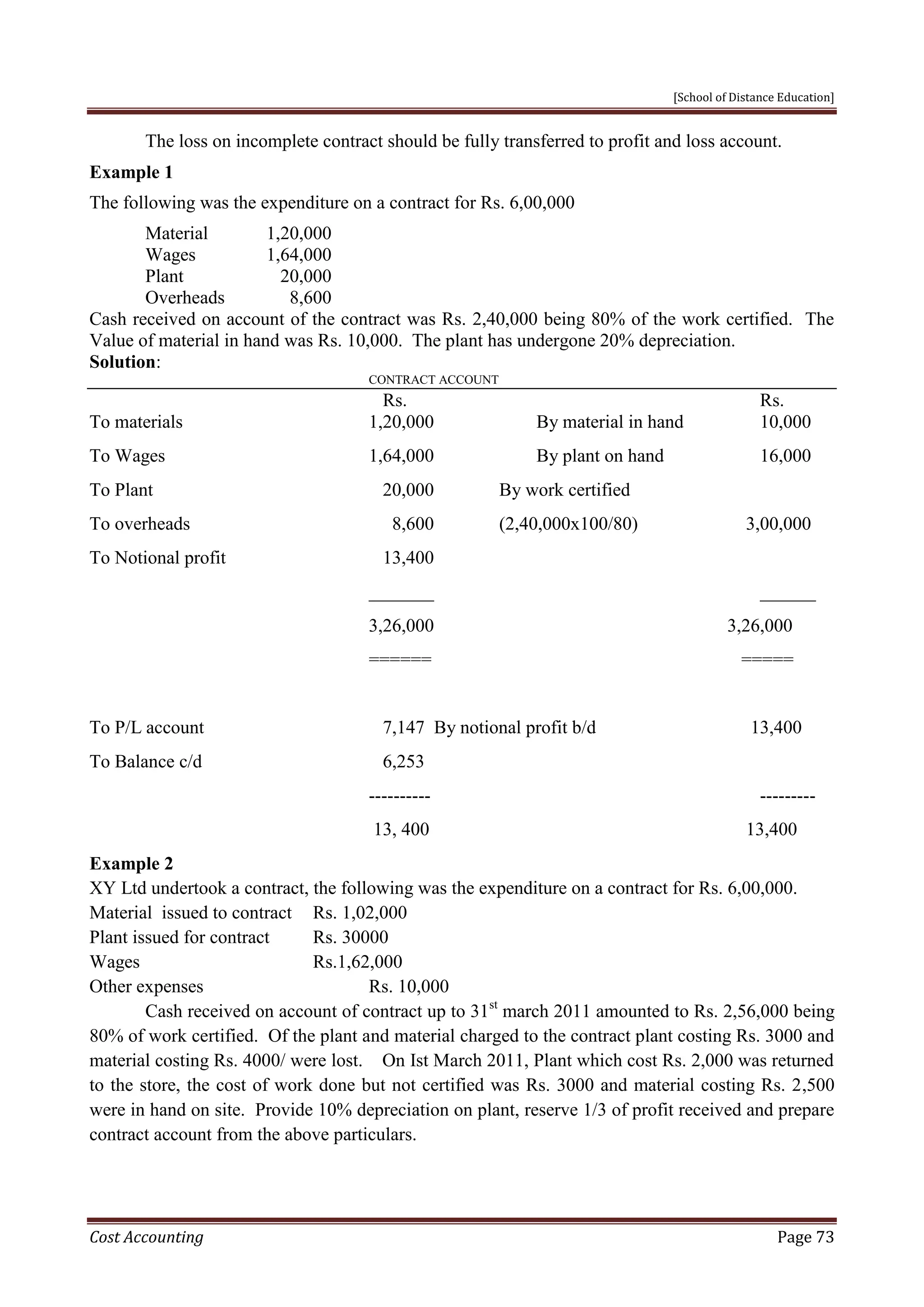 [School of Distance Education]
Cost Accounting Page 73
The loss on incomplete contract should be fully transferred to profit and loss account.
Example 1
The following was the expenditure on a contract for Rs. 6,00,000
Material 1,20,000
Wages 1,64,000
Plant 20,000
Overheads 8,600
Cash received on account of the contract was Rs. 2,40,000 being 80% of the work certified. The
Value of material in hand was Rs. 10,000. The plant has undergone 20% depreciation.
Solution:
CONTRACT ACCOUNT
Rs. Rs.
To materials 1,20,000 By material in hand 10,000
To Wages 1,64,000 By plant on hand 16,000
To Plant 20,000 By work certified
To overheads 8,600 (2,40,000x100/80) 3,00,000
To Notional profit 13,400
_______ ______
3,26,000 3,26,000
====== =====
To P/L account 7,147 By notional profit b/d 13,400
To Balance c/d 6,253
---------- ---------
13, 400 13,400
Example 2
XY Ltd undertook a contract, the following was the expenditure on a contract for Rs. 6,00,000.
Material issued to contract Rs. 1,02,000
Plant issued for contract Rs. 30000
Wages Rs.1,62,000
Other expenses Rs. 10,000
Cash received on account of contract up to 31st
march 2011 amounted to Rs. 2,56,000 being
80% of work certified. Of the plant and material charged to the contract plant costing Rs. 3000 and
material costing Rs. 4000/ were lost. On Ist March 2011, Plant which cost Rs. 2,000 was returned
to the store, the cost of work done but not certified was Rs. 3000 and material costing Rs. 2,500
were in hand on site. Provide 10% depreciation on plant, reserve 1/3 of profit received and prepare
contract account from the above particulars.
 