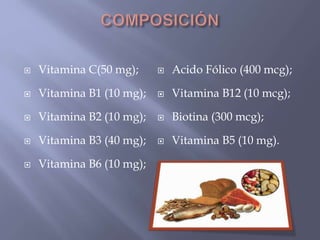  Vitamina C(50 mg); 
 Vitamina B1 (10 mg); 
 Vitamina B2 (10 mg); 
 Vitamina B3 (40 mg); 
 Vitamina B6 (10 mg); 
 Acido Fólico (400 mcg); 
 Vitamina B12 (10 mcg); 
 Biotina (300 mcg); 
 Vitamina B5 (10 mg). 
 