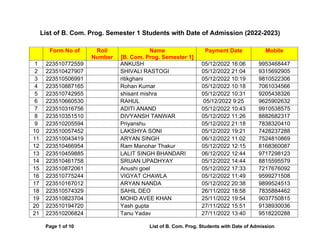 Page 1 of 10 List of B. Com. Prog. Students with Date of Admission
List of B. Com. Prog. Semester 1 Students with Date of Admission (2022-2023)
Form No of Roll
Number
Name
[B. Com. Prog. Semester 1]
Payment Date Mobile
1 223510772559 ANKUSH 05/12/2022 16:06 9953468447
2 223510427907 SHIVALI RASTOGI 05/12/2022 21:04 9315692905
3 223510506991 ritikghani 05/12/2022 10:19 9810522306
4 223510887165 Rohan Kumar 05/12/2022 10:18 7061034566
5 223510742955 shisant mishra 05/12/2022 10:31 9205438326
6 223510660530 RAHUL 05/12/2022 9:25 9625902632
7 223510316756 ADITI ANAND 05/12/2022 10:43 9910538575
8 223510351510 DIVYANSH TANWAR 05/12/2022 11:26 8882682317
9 223510205594 Priyanshu 05/12/2022 21:18 7838320410
10 223510057452 LAKSHYA SONI 05/12/2022 19:21 7428237288
11 223510043419 ARYAN SINGH 06/12/2022 11:02 7524810869
12 223510466954 Ram Manohar Thakur 05/12/2022 12:15 8168360087
13 223510459885 LALIT SINGH BHANDARI 06/12/2022 12:44 9717298123
14 223510461758 SRIJAN UPADHYAY 05/12/2022 14:44 8815595579
15 223510872061 Anushi goel 05/12/2022 17:33 7217676092
16 223510775244 VIGYAT CHAWLA 05/12/2022 11:49 9599271508
17 223510167012 ARYAN NANDA 05/12/2022 20:38 9899524513
18 223510574329 SAHIL DEO 26/11/2022 18:58 7835884462
19 223510823704 MOHD AVEE KHAN 25/11/2022 19:54 9037750815
20 223510194720 Yash gupta 27/11/2022 15:51 9138930036
21 223510206824 Tanu Yadav 27/11/2022 13:40 9518220288
 