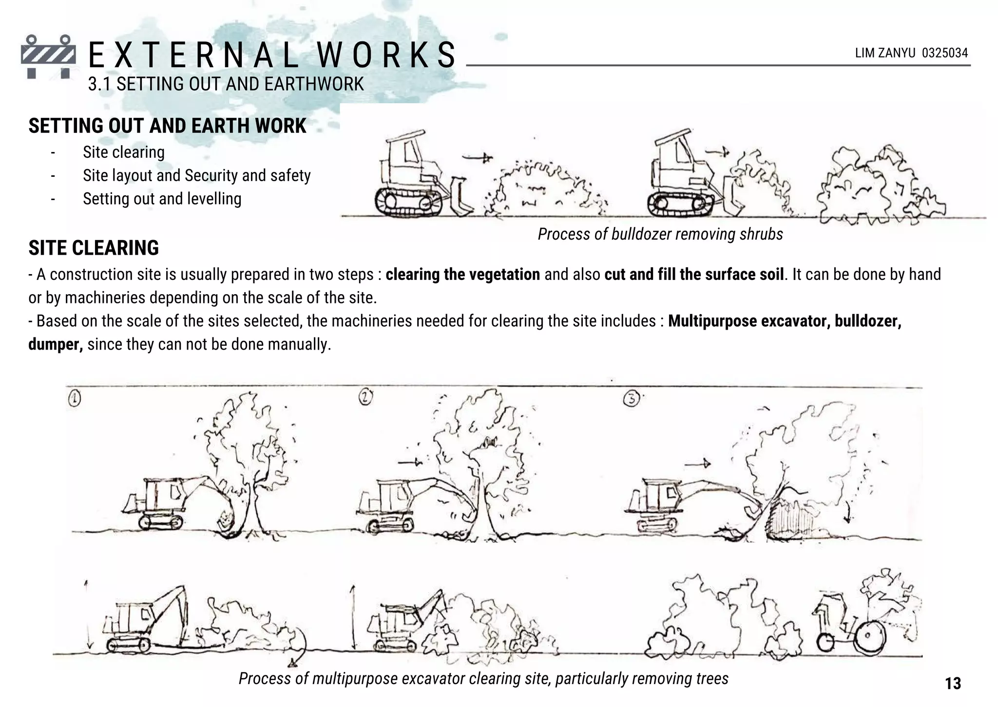 E X T E R N A L W O R K S
SETTING OUT AND EARTH WORK
- Site clearing
- Site layout and Security and safety
- Setting out and levelling
SITE CLEARING
- A construction site is usually prepared in two steps : clearing the vegetation and also cut and fill the surface soil. It can be done by hand
or by machineries depending on the scale of the site.
- Based on the scale of the sites selected, the machineries needed for clearing the site includes : Multipurpose excavator, bulldozer,
dumper, since they can not be done manually.
Process of bulldozer removing shrubs
Process of multipurpose excavator clearing site, particularly removing trees
LIM ZANYU 0325034
13
3.1 SETTING OUT AND EARTHWORK
 