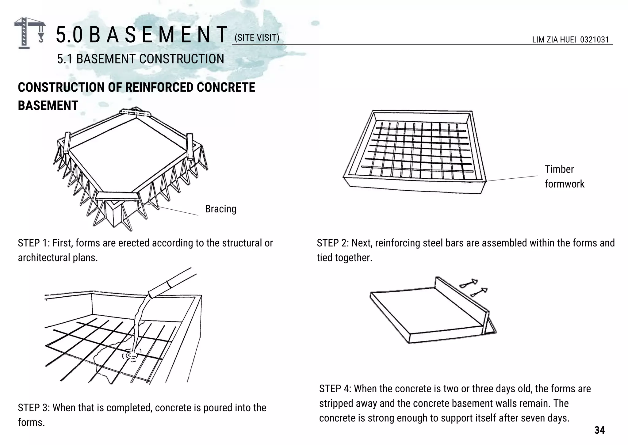 5.0 B A S E M E N T
CONSTRUCTION OF REINFORCED CONCRETE
BASEMENT
STEP 1: First, forms are erected according to the structural or
architectural plans.
STEP 3: When that is completed, concrete is poured into the
forms.
STEP 2: Next, reinforcing steel bars are assembled within the forms and
tied together.
STEP 4: When the concrete is two or three days old, the forms are
stripped away and the concrete basement walls remain. The
concrete is strong enough to support itself after seven days.
5.1 BASEMENT CONSTRUCTION
(SITE VISIT)
Bracing
Timber
formwork
34
LIM ZIA HUEI 0321031
 
