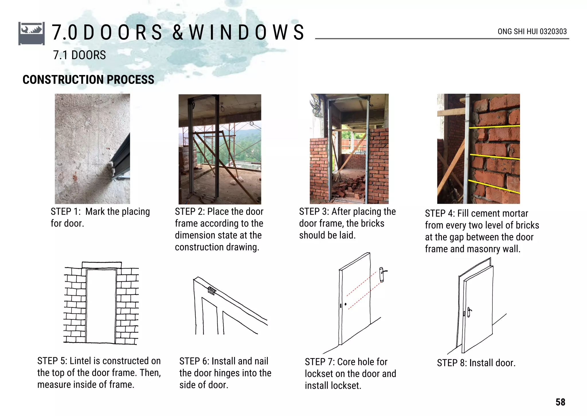 CONSTRUCTION PROCESS
STEP 1: Mark the placing
for door.
STEP 2: Place the door
frame according to the
dimension state at the
construction drawing.
STEP 3: After placing the
door frame, the bricks
should be laid.
STEP 4: Fill cement mortar
from every two level of bricks
at the gap between the door
frame and masonry wall.
STEP 5: Lintel is constructed on
the top of the door frame. Then,
measure inside of frame.
STEP 6: Install and nail
the door hinges into the
side of door.
STEP 7: Core hole for
lockset on the door and
install lockset.
STEP 8: Install door.
58
ONG SHI HUI 0320303
7.0 D O O R S & W I N D O W S
7.1 DOORS
 