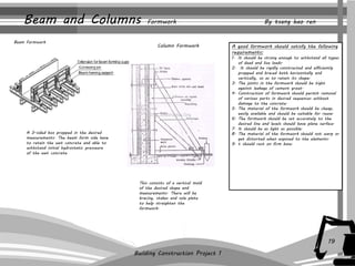 Beam and Columns Formwork 
Column Formwork 
Beam Formwork 
A 3-sided box propped in the desired 
measurements. The beam form side have 
to retain the wet concrete and able to 
withstand initial hydrostatic presseure 
of the wet concrete 
This consists of a vertical mold 
of the desired shape and 
measurements. There will be 
bracing, stakes and sole plate 
to help straighten the 
formwork. 
A good formwork should satisfy the following 
requirements: 
1. It should be strong enough to withstand all types 
of dead and live loads. 
2. It should be rigidly constructed and efficiently 
propped and braced both horizontally and 
vertically, so as to retain its shape. 
3. The joints in the formwork should be tight 
against leakage of cement grout. 
4. Construction of formwork should permit removal 
of various parts in desired sequences without 
damage to the concrete. 
5. The material of the formwork should be cheap, 
easily available and should be suitable for reuse. 
6. The formwork should be set accurately to the 
desired line and levels should have plane surface. 
7. It should be as light as possible. 
8. The material of the formwork should not warp or 
get distorted when exposed to the elements. 
9. t should rest on firm base. 
Building Construction Project 1 
19 
By tsang hao ren 
 
