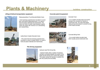 Plants & Machinery building construction
8
Concrete Truck
- It is a mobile concrete mixer truck which
transport the concrete from factory to
construction site. The mixer tank keeps
rolling during transmission to prevent curing
of the mixed concrete.
Concrete Mixing Plant
- It is a small mobile concrete mixer
which usually use at construction site.
Concrete plant & equipment
Pile Driving equipment
Hydraulic lead Pile Driving Rig
- hydraulic leads utilize a system of hydraulic
cylinders connected between the bottom of the
leads and the driving rig to control pile position.
This system allows the operator to position the
pile very quickly and accurately.
Telescoping-Boom Truck Mounted Mobile Crane
- A full revolving superstructure mounted on a truck
with multi section-telescoping boom. It is used to
hoist and place materials and machineries. This
crane can travel on public roads between projects
under own power with minimum or no dismantling
and reassembling.
Lifting & Vertical transportation equipment
Lattice Boom Crawler Mounted Crane
- This crane have full revolving superstructure
mounted on a pair of crawler tracks. It is used to
hoist and place materials and machineries
 
