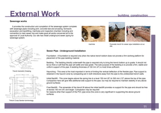 External Work building construction
11
Sewerage works
It provides the construction and completion of the sewerage system complete
with sewerage pipes including joint, concrete bed and encasing, formwork,
excavation and backfilling; manholes and inspection chamber including and
connection to main sewer line and make good all works concerned all to the
approval of Local Authority. Our site has install underground sewer piping for
sewerage system.
manhole Excavate trench for sewer pipe installation at our
site.
Trench Isometric Drawing
Trench Cross Section terminology
Sewer Pipe - Underground Installation
Foundation - A foundation is required only when the native trench bottom does not provide a firm working platform for
placement of the pipe bedding material.
Bedding - The bedding directly underneath the pipe is required only to bring the trench bottom up to grade. It should not
be so thick or soft that the pipe will settle and lose grade. The sole purpose of the bedding is to provide a firm, stable and
uniform support of the pipe. A bedding thickness of 100 mm (4") is most times sufficient.
Haunching - This area is the most important in terms of limiting the vertical deflection of the flexible pipe. Pipe support is
obtained in the haunch zone by compacting soil in both directions away from the pipe to the undisturbed trench walls.
Initial Backfill - This zone begins above the spring line to a level 150 mm (6") to 300 mm (12") above the top of the pipe.
Compaction here will give little additional side support to the pipe, but may be required to maintain stability of any above
ground surfaces.
Final Backfill - The remainder of the trench fill above the initial backfill provides no support for the pipe and should be free
of stones 150 mm (6") and larger. Compaction may be required
for reasons other than support of the PVC pipe since this zone is very significant in supporting the above ground
surfaces.
 