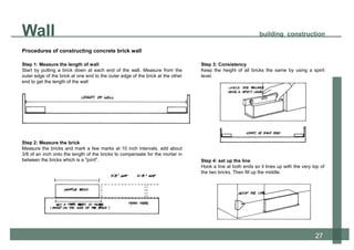 Step 1: Measure the length of wall
Start by putting a brick down at each end of the wall. Measure from the
outer edge of the brick at one end to the outer edge of the brick at the other
end to get the length of the wall
Procedures of constructing concrete brick wall
12
Step 2: Measure the brick
Measure the bricks and mark a few marks at 10 inch intervals. add about
3/8 of an inch onto the length of the bricks to compensate for the mortar in
between the bricks which is a "joint".
Step 3: Consistency
Keep the height of all bricks the same by using a spirit
level.
Step 4: set up the line
Hook a line at both ends so it lines up with the very top of
the two bricks. Then fill up the middle.
Wall building construction
27
 