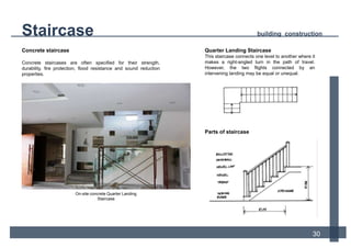 Concrete staircase
Concrete staircases are often specified for their strength,
durability, fire protection, flood resistance and sound reduction
properties.
On-site concrete Quarter Landing
Staircase
12
Quarter Landing Staircase
This staircase connects one level to another where it
makes a right-angled turn in the path of travel.
However, the two flights connected by an
intervening landing may be equal or unequal.
Parts of staircase
Staircase building construction
30
 